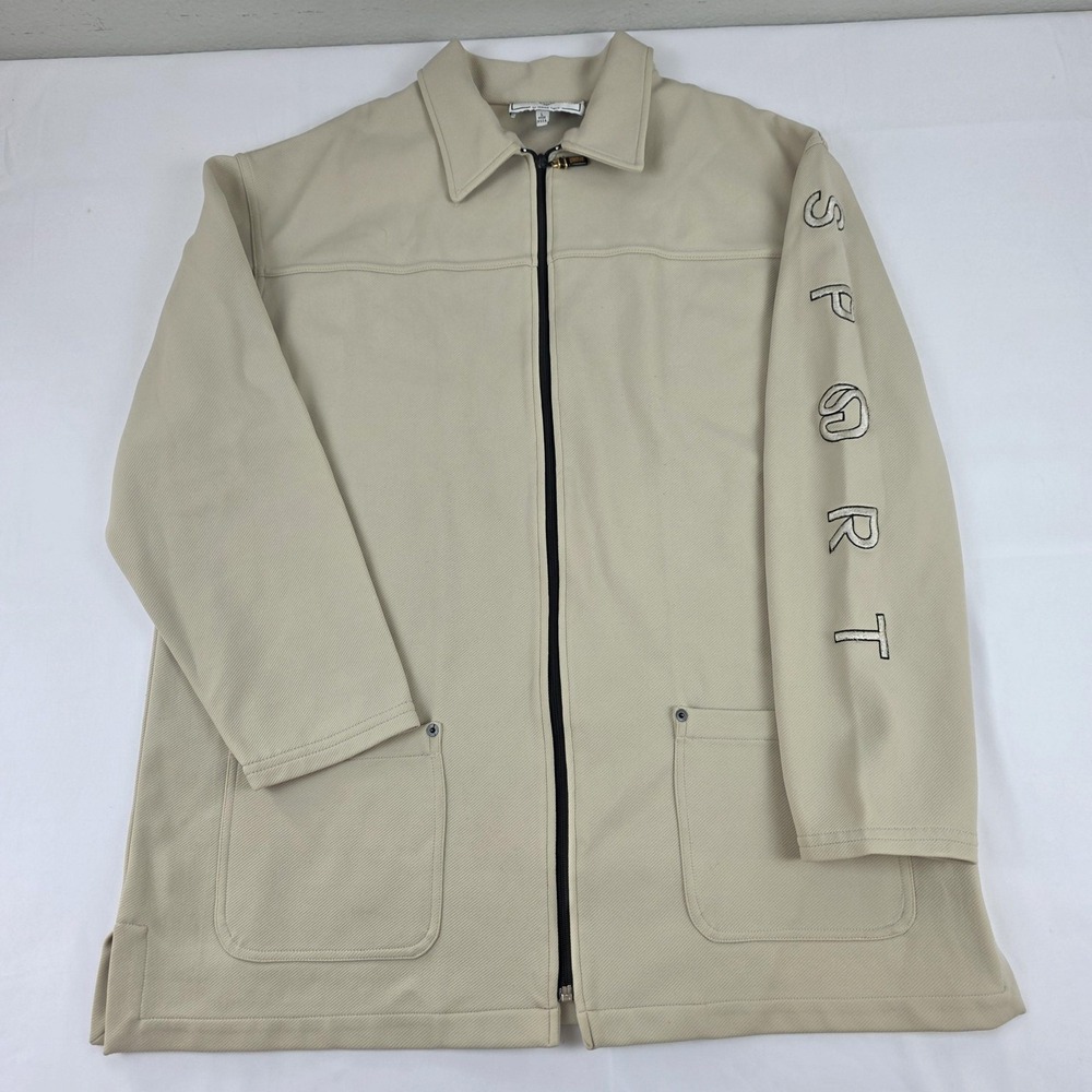 St. John Sport Jacket Womens Large Beige Full Zip Long Pockets Logo Sleeve